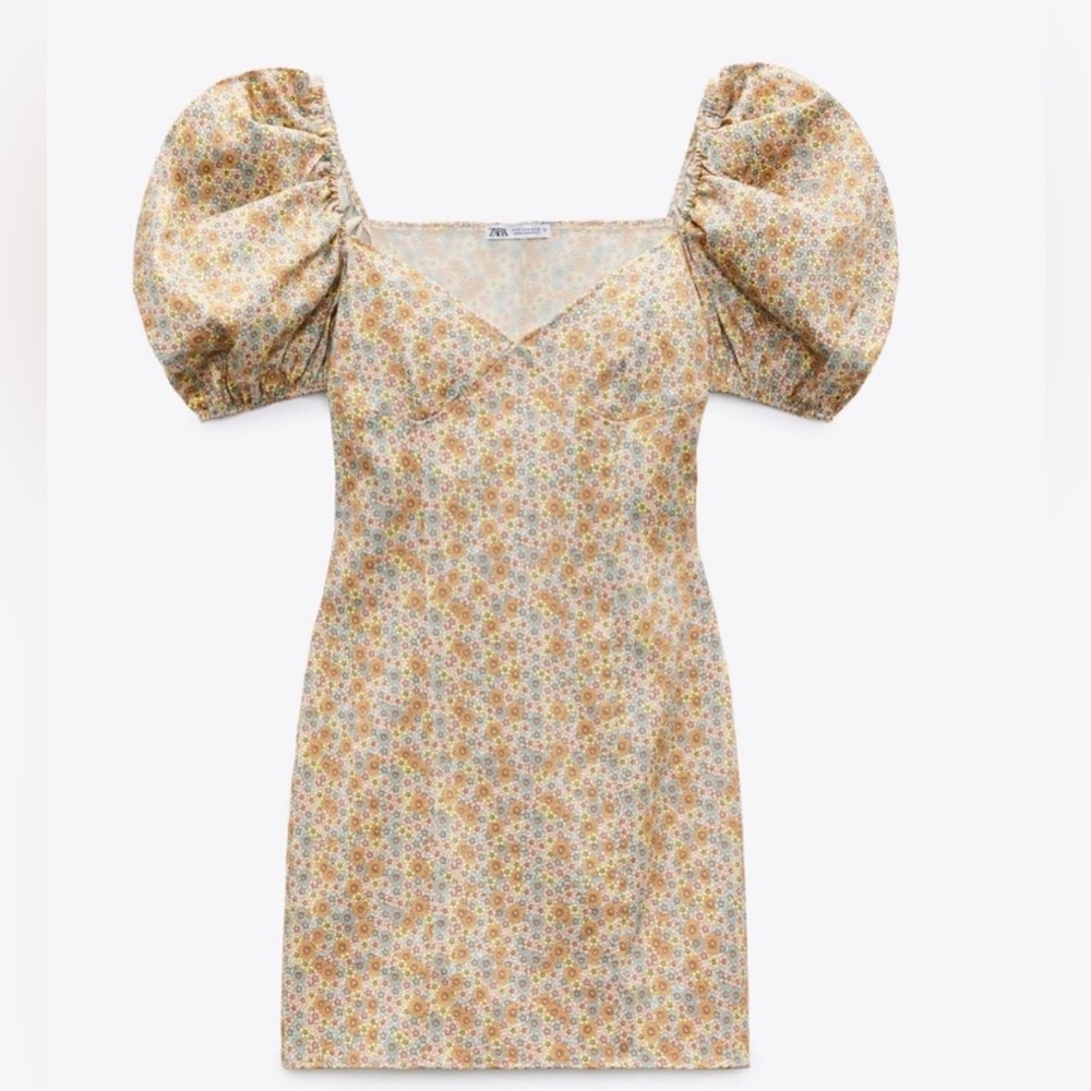 Zara Satin Effect Floral Printed Puff Sleeve Mini Dress Sz Medium - Picture 5 of 12